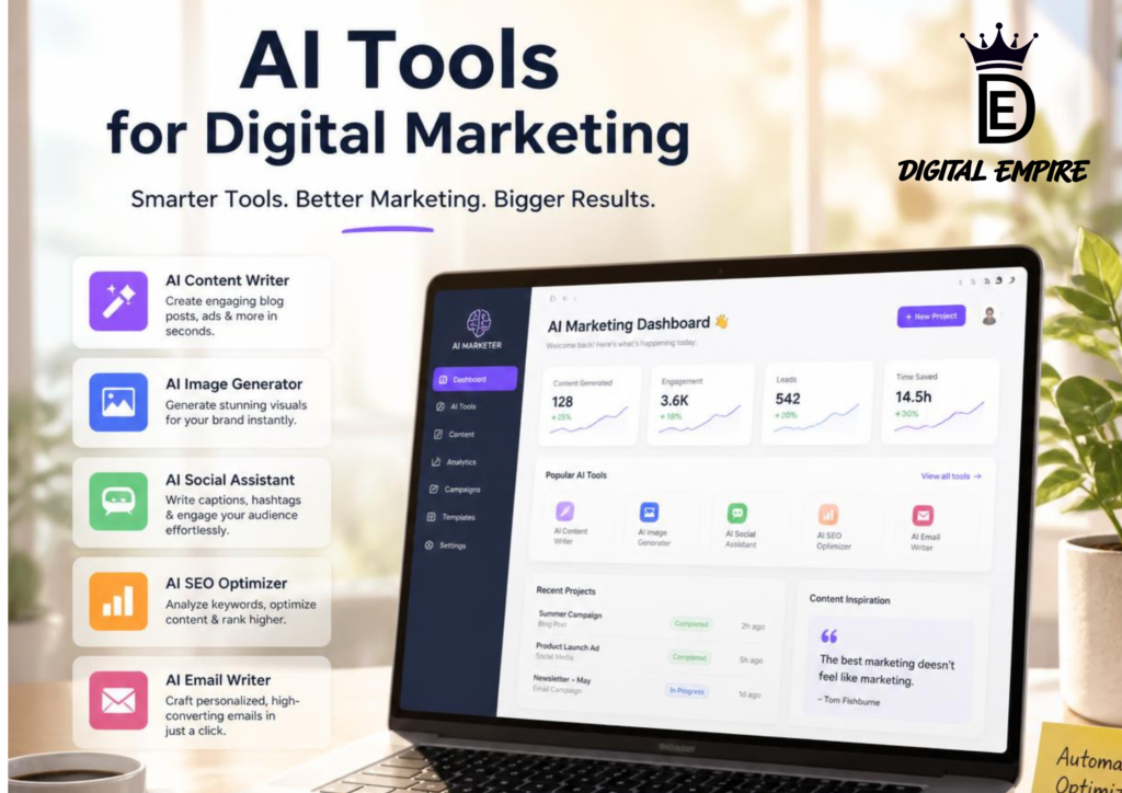 Best AI Tools for Digital Marketing infographic showing top AI marketing tools in 2026